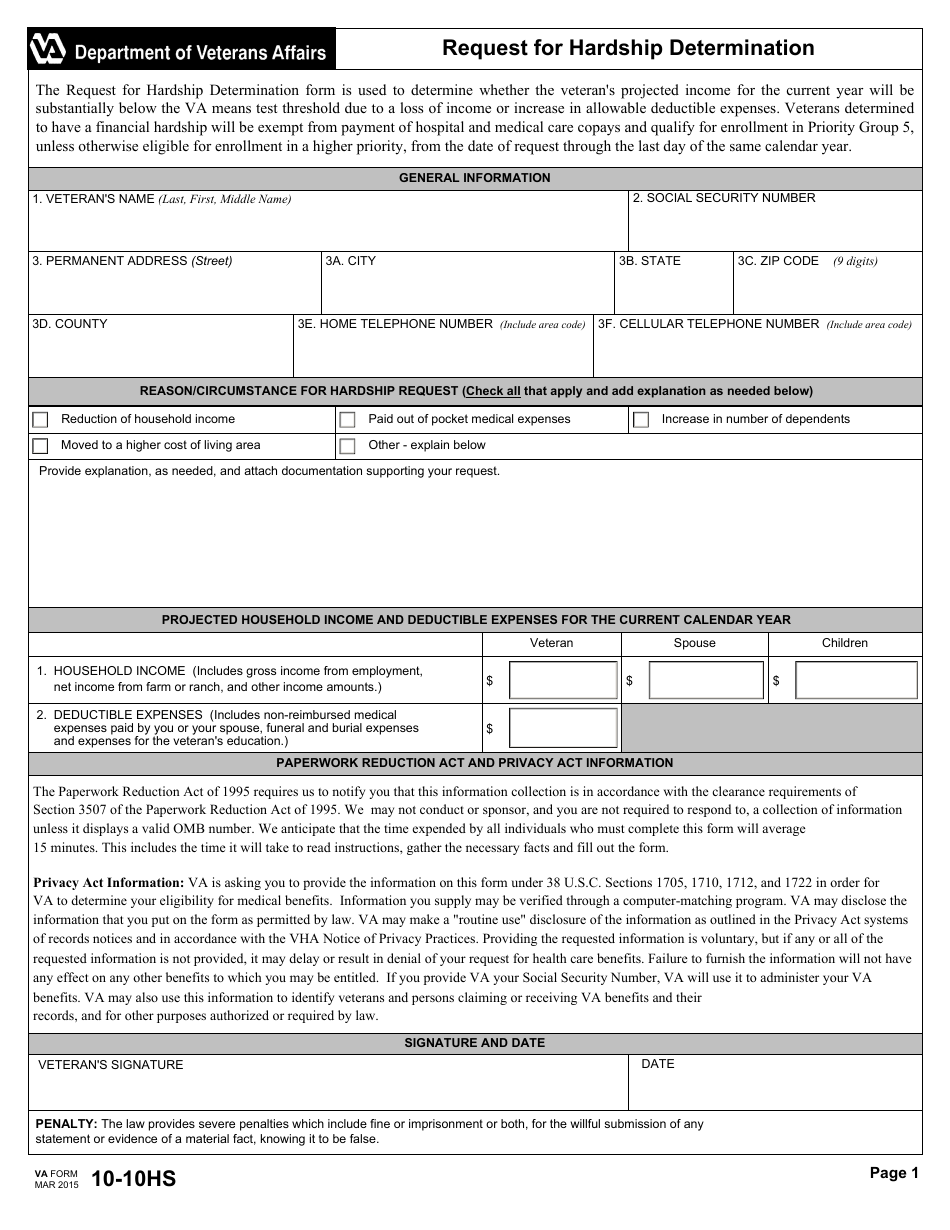 VA Form 10-10HS Request for Hardship Determination, Page 1