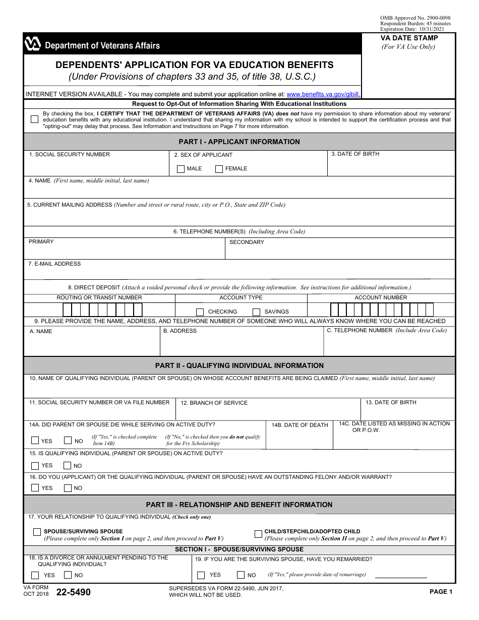 VA Form 22-5490 Dependents Application for VA Education Benefits (Under Provisions of Chapters 33 and 35, of Title 38, U.s.c.), Page 1