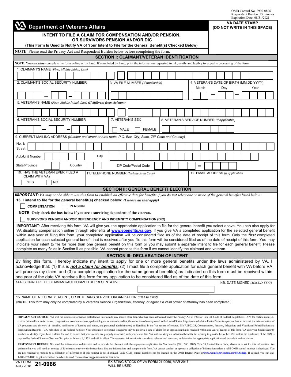 VA Form 21-0966 Intent to File a Claim for Compensation and/or Pension, or Survivors Pension and/or Dic, Page 1