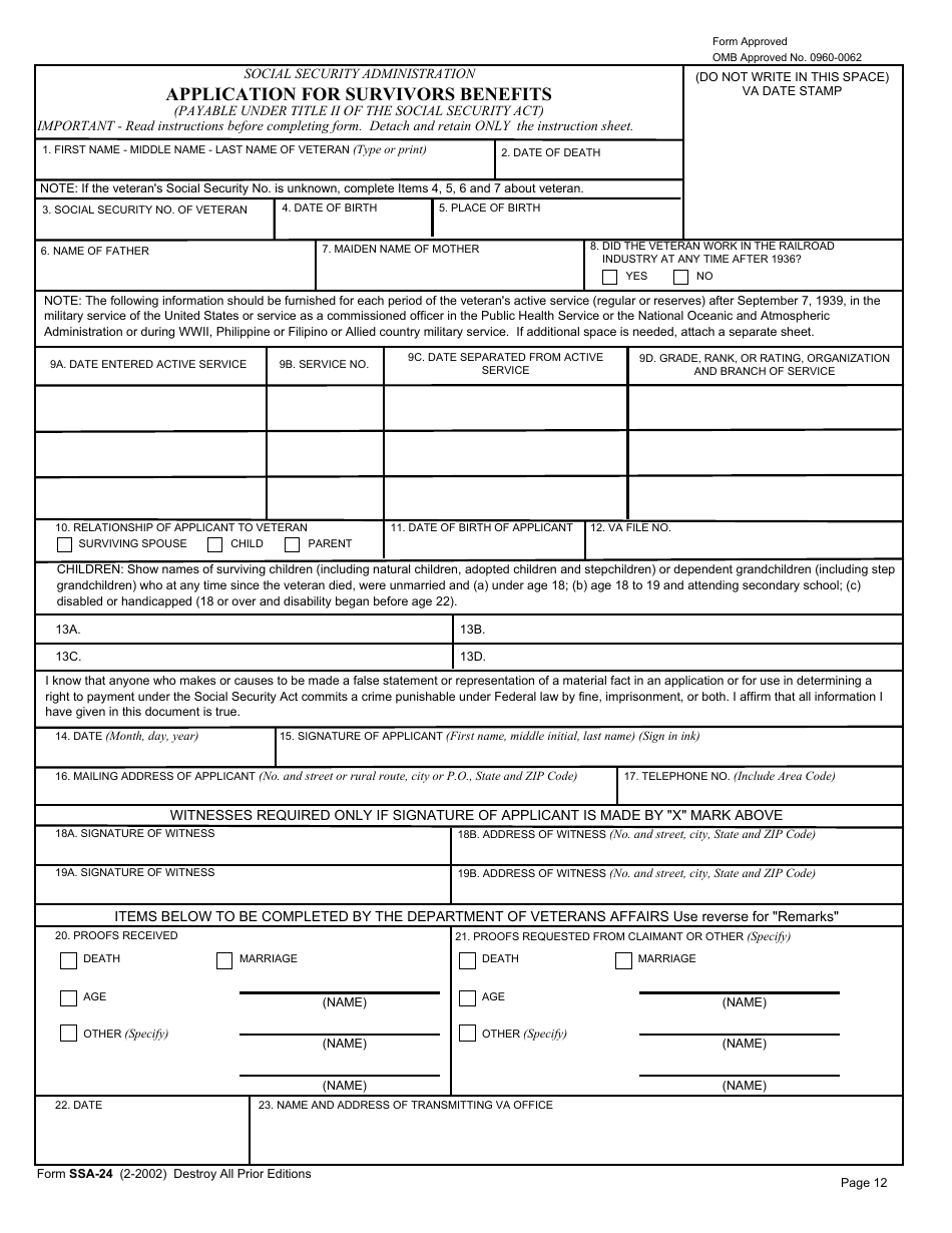 VA Form 21P-534 Application for Dependency and Indemnity Compensation, Survivors Pension and Accrued Benefits by a Surviving Spouse or Child (Including Death Compensation if Applicable), Page 12