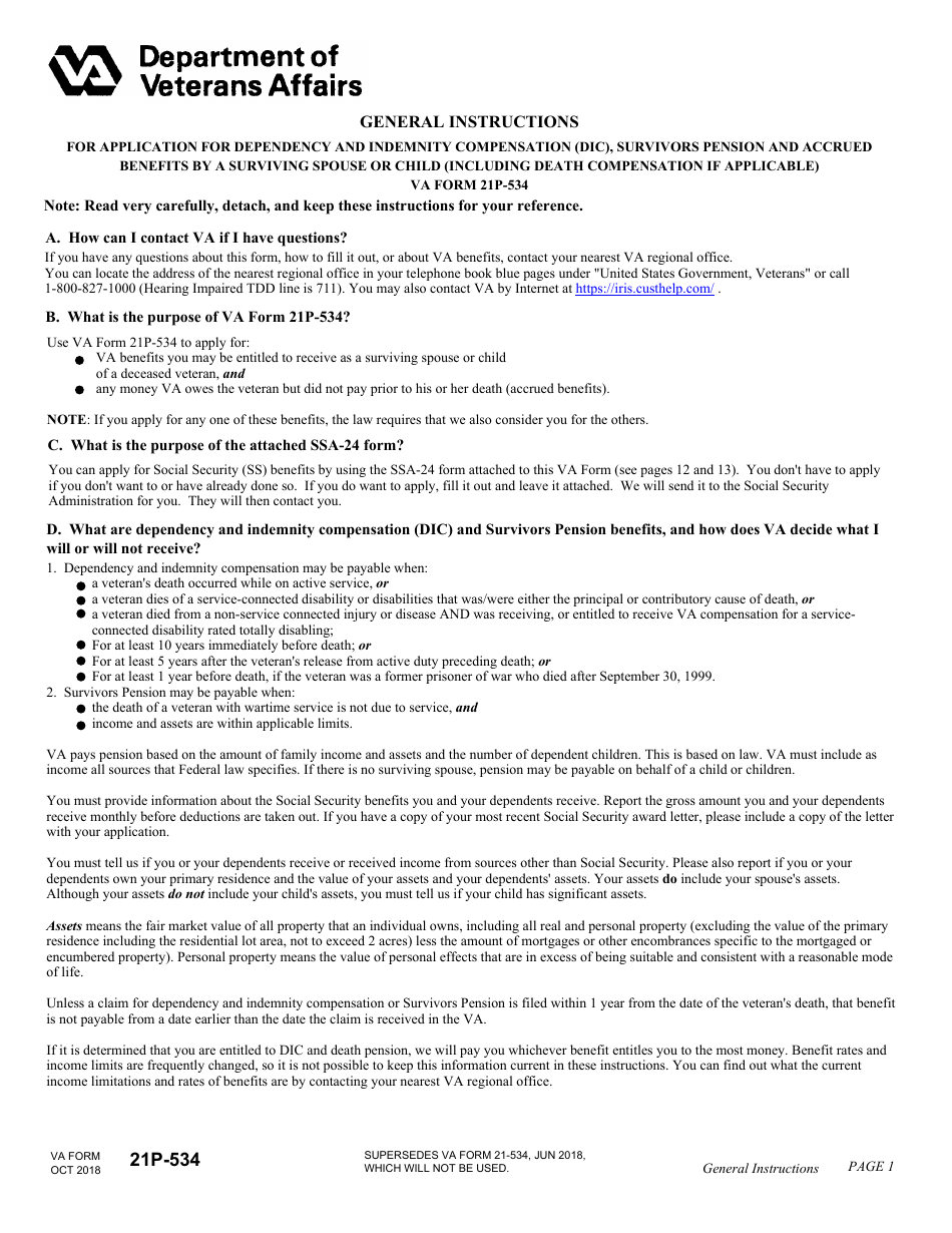 VA Form 21P-534 Application for Dependency and Indemnity Compensation, Survivors Pension and Accrued Benefits by a Surviving Spouse or Child (Including Death Compensation if Applicable), Page 1