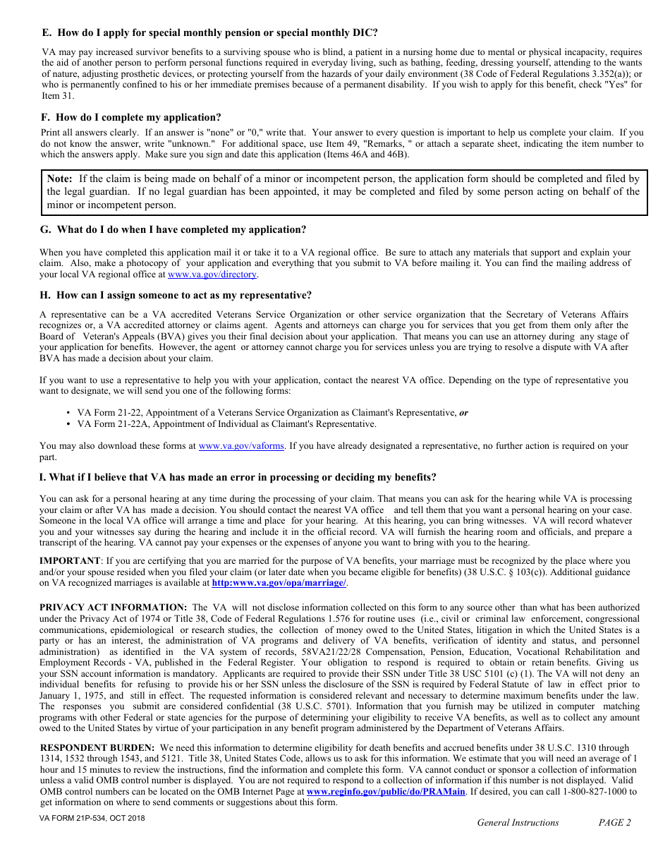VA Form 21P-534 Application for Dependency and Indemnity Compensation, Survivors Pension and Accrued Benefits by a Surviving Spouse or Child (Including Death Compensation if Applicable), Page 2