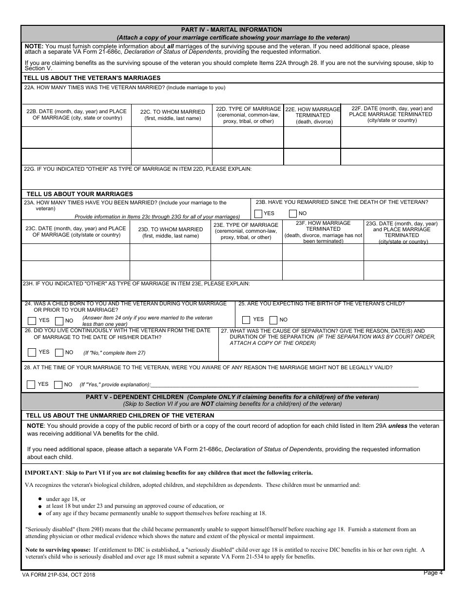 VA Form 21P-534 Application for Dependency and Indemnity Compensation, Survivors Pension and Accrued Benefits by a Surviving Spouse or Child (Including Death Compensation if Applicable), Page 4