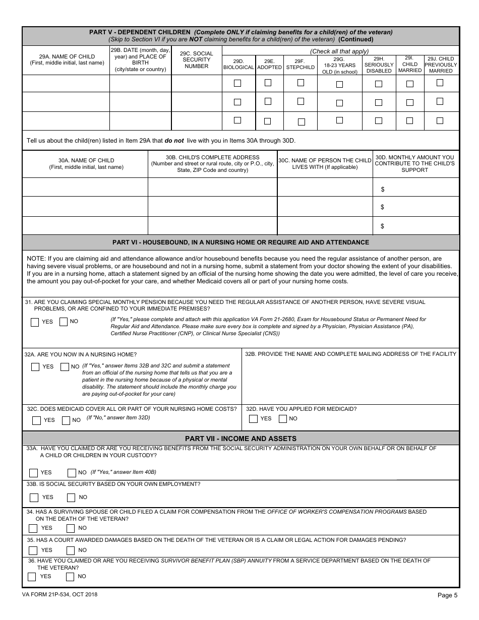 VA Form 21P-534 Application for Dependency and Indemnity Compensation, Survivors Pension and Accrued Benefits by a Surviving Spouse or Child (Including Death Compensation if Applicable), Page 5