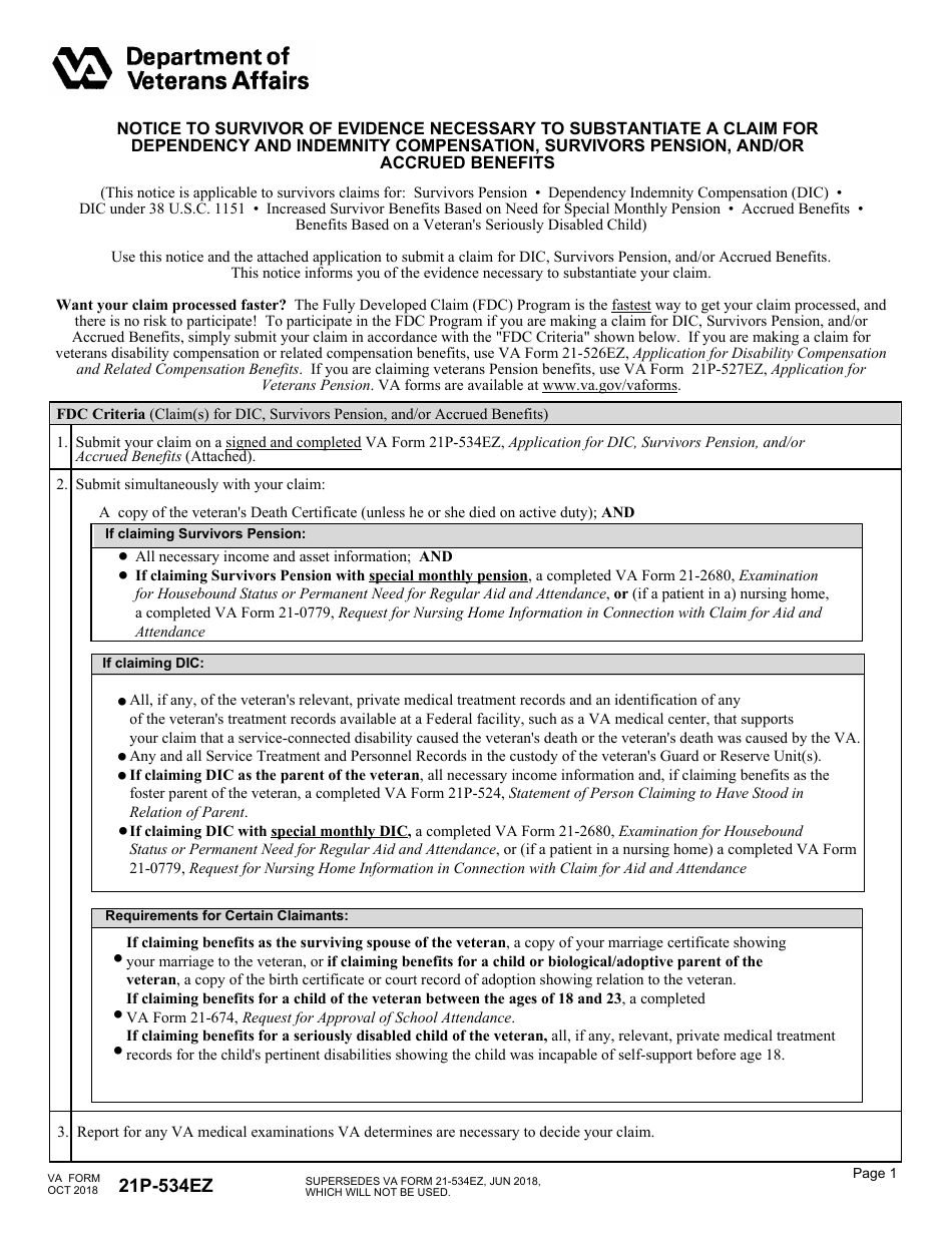 VA Form 21P-534EZ Application for DIC, Survivors Pension, and / or Accrued Benefits, Page 1