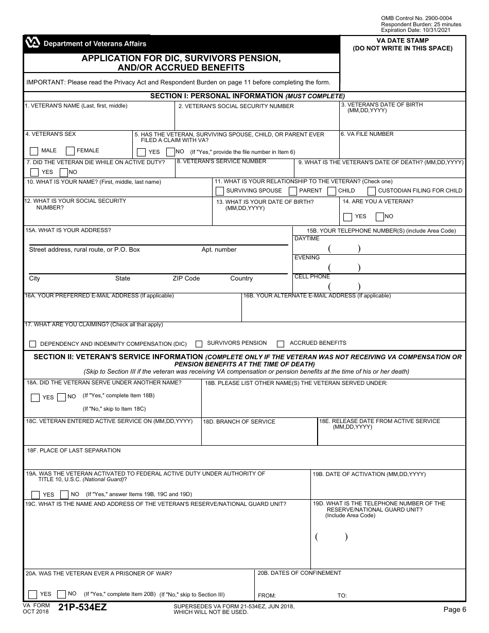 VA Form 21P-534EZ - Fill Out, Sign Online and Download Fillable PDF ...