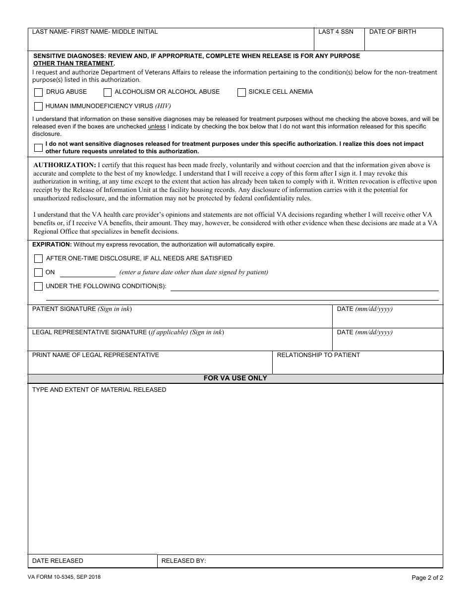 Va Form 10 5345 Download Fillable Pdf Or Fill Online Request For And Authorization To Release 8292