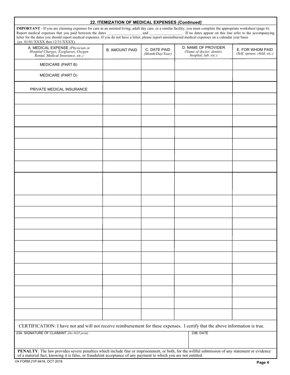 VA Form 21P8416 Download Fillable PDF or Fill Online Medical Expense