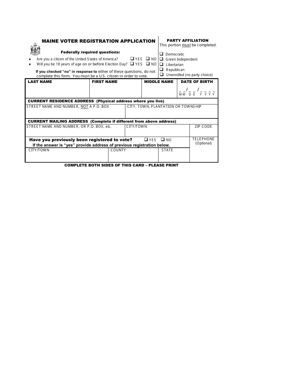 Maine Voter Registration Application - Maine, Page 1