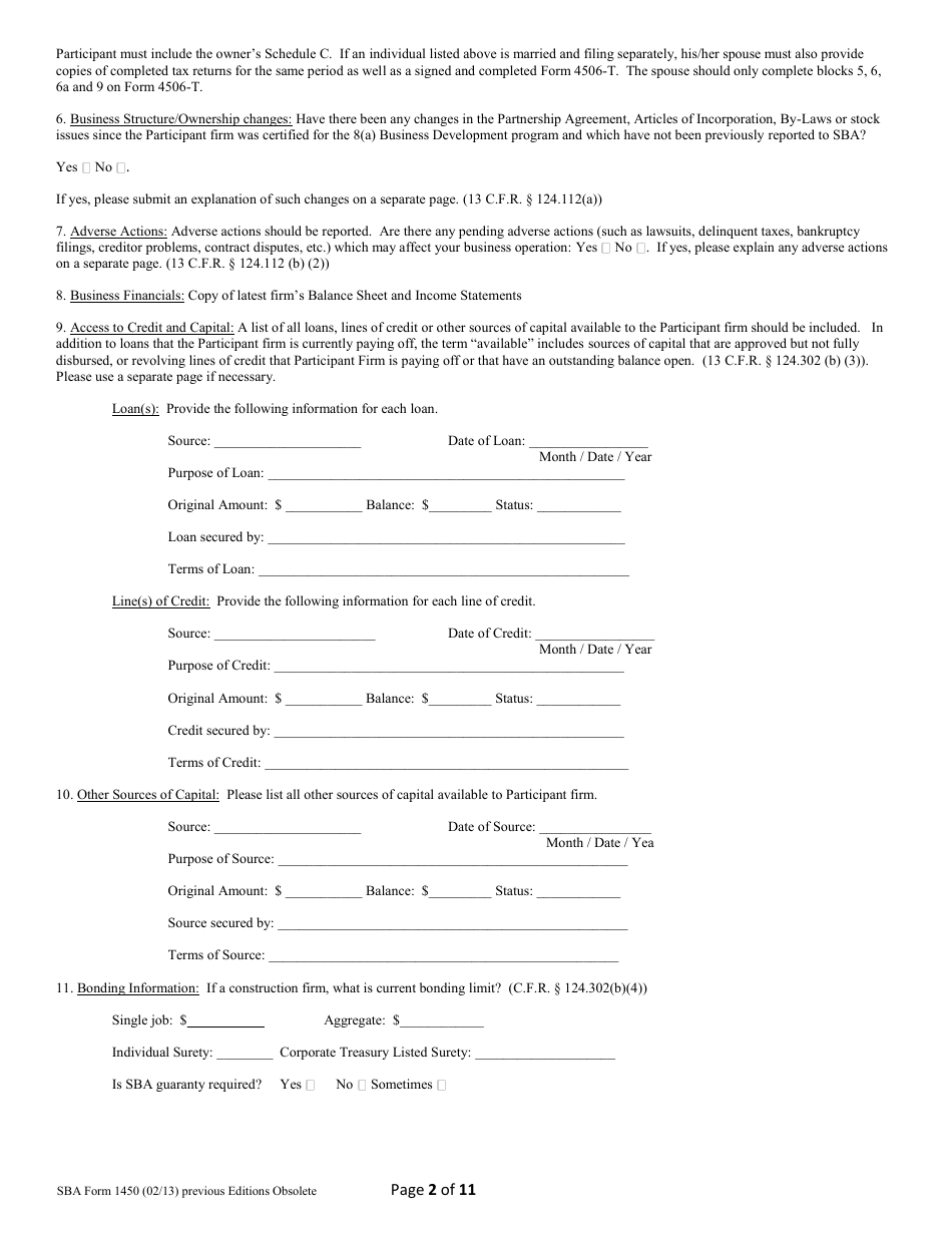 Sba Form 1450 - Fill Out, Sign Online And Download Fillable Pdf 