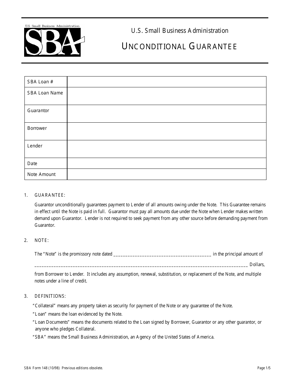 SBA Form 148 Unconditional Guarantee, Page 1