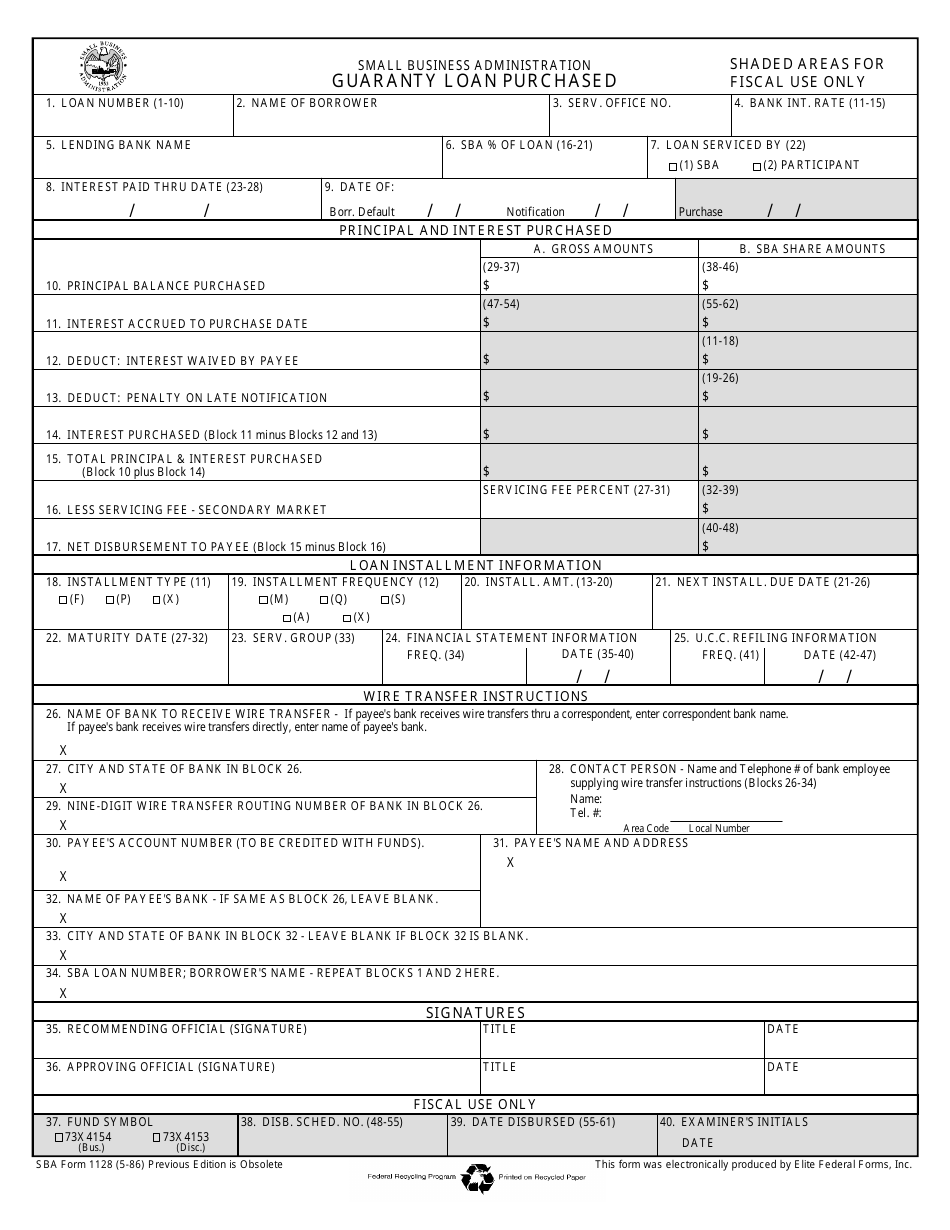 SBA Form 1128 Guaranty Loan Purchased, Page 1