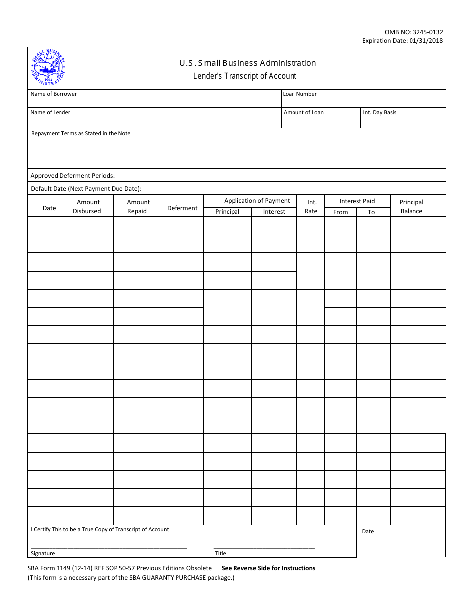 SBA Form 1149 Lenders Transcript of Account, Page 1