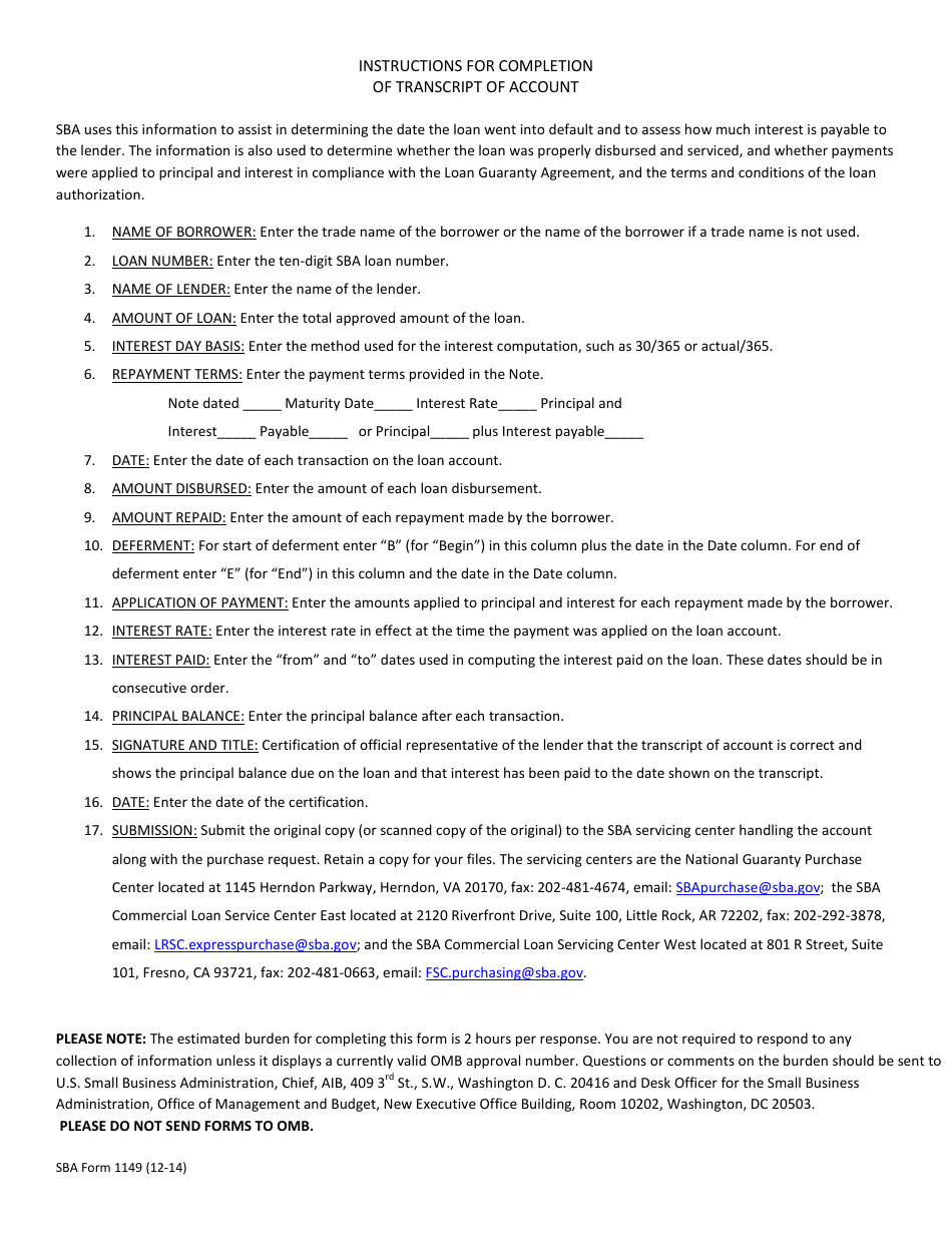 SBA Form 1149 Lenders Transcript of Account, Page 2