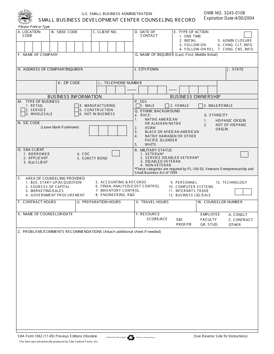 SBA Form 1062 Small Business Development Center Counseling Record, Page 1
