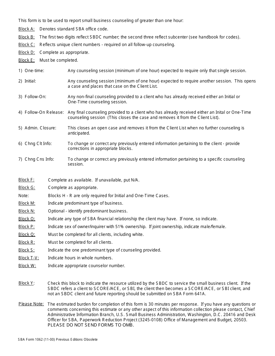 SBA Form 1062 Small Business Development Center Counseling Record, Page 2