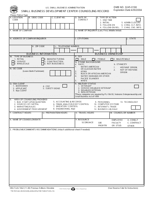SBA Form 1062  Printable Pdf