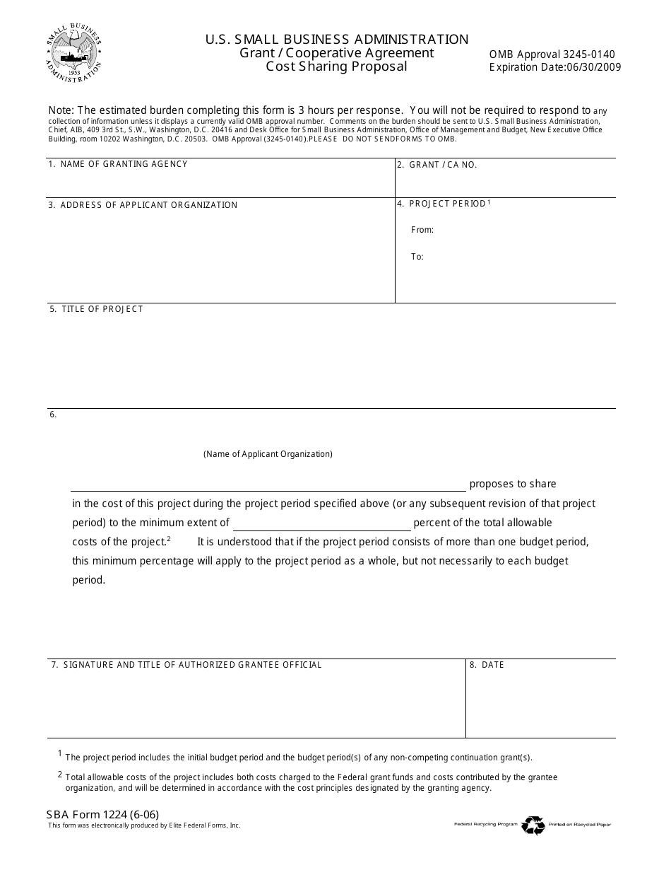 SBA Form 1224 Grant / Cooperative Agreement - Cost Sharing Proposal, Page 1