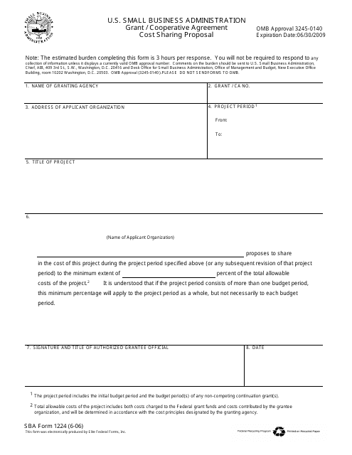 SBA Form 1224 Grant / Cooperative Agreement - Cost Sharing Proposal