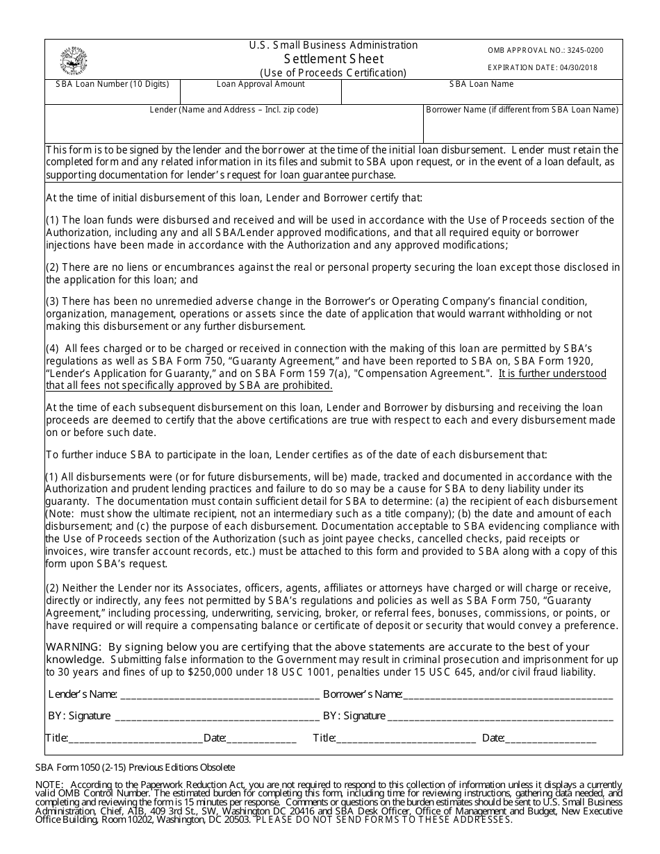 SBA Form 1050 Settlement Sheet (Use of Proceeds Certification), Page 1