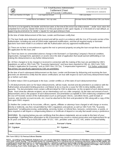 SBA Form 1050  Printable Pdf