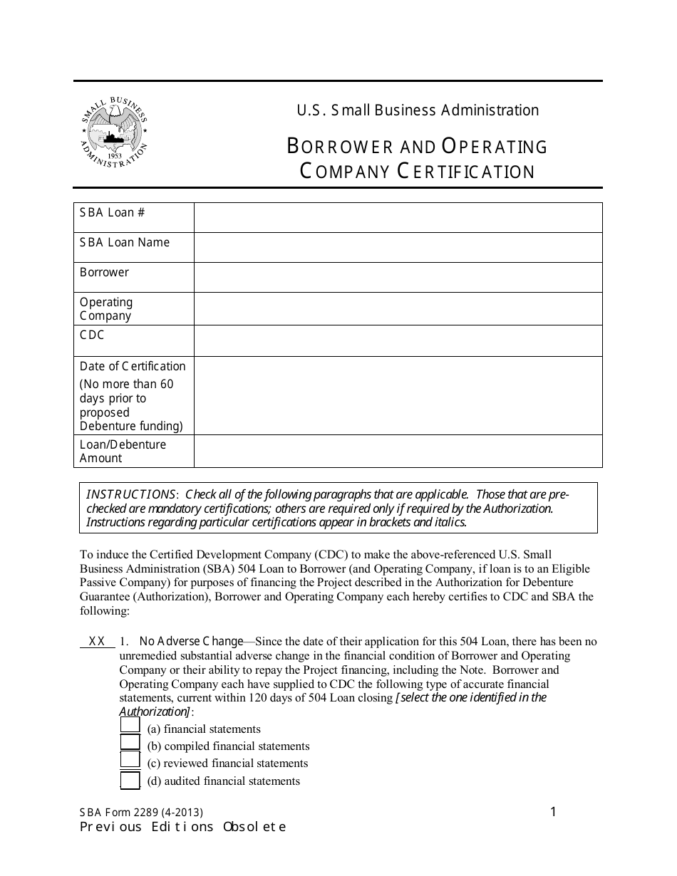 SBA Form 2289 Borrower and Operating Company Certification, Page 1