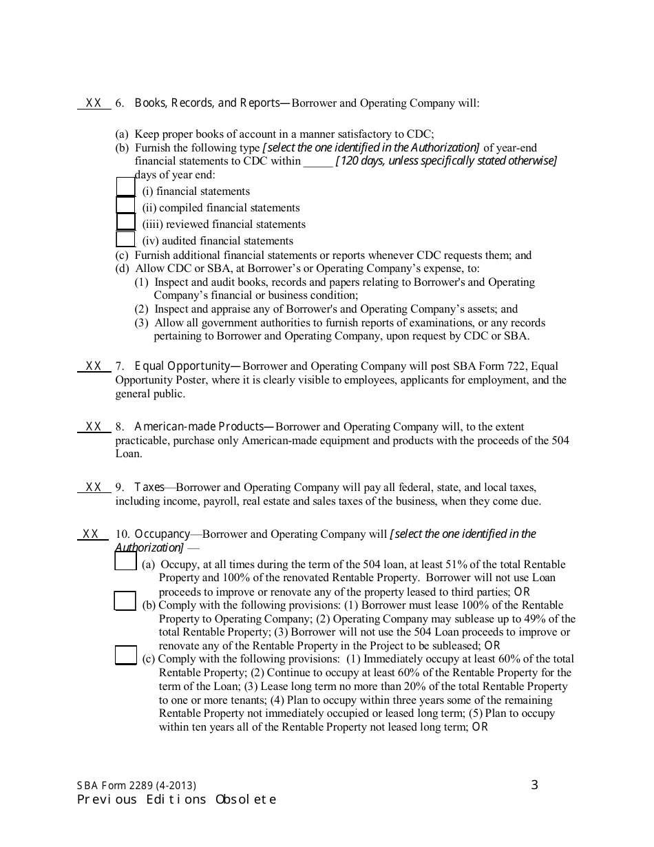 SBA Form 2289 Borrower and Operating Company Certification, Page 3