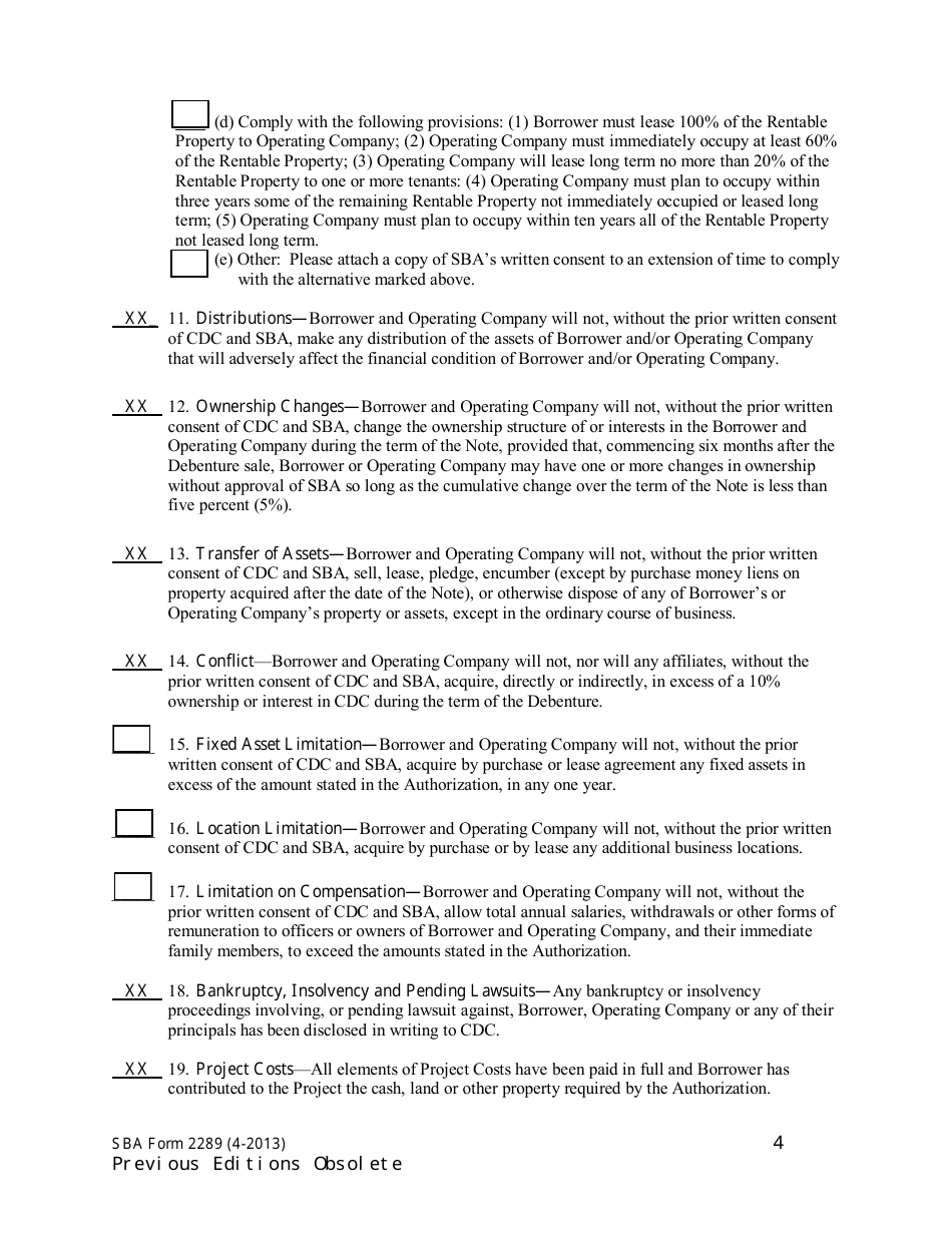 SBA Form 2289 Borrower and Operating Company Certification, Page 4