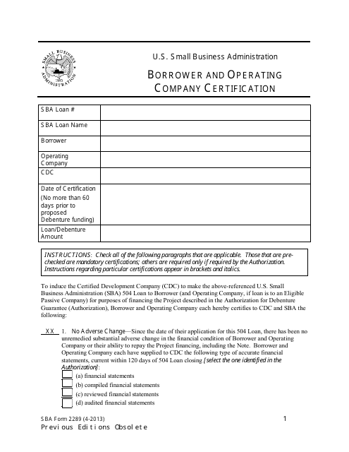 SBA Form 2289  Printable Pdf