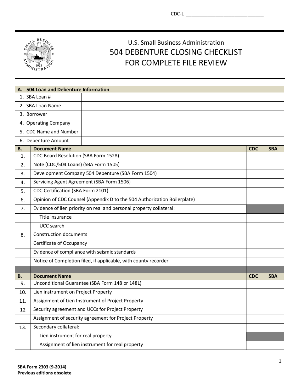 SBA Form 2303 504 Debenture Closing Checklist for Complete File Review, Page 1