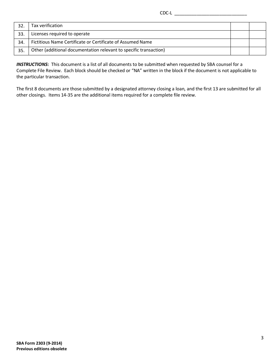 SBA Form 2303 504 Debenture Closing Checklist for Complete File Review, Page 3