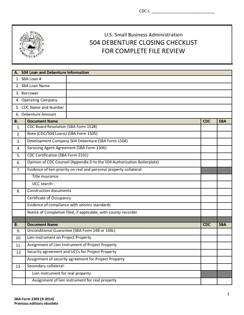 SBA Form 2303 504 Debenture Closing Checklist for Complete File Review