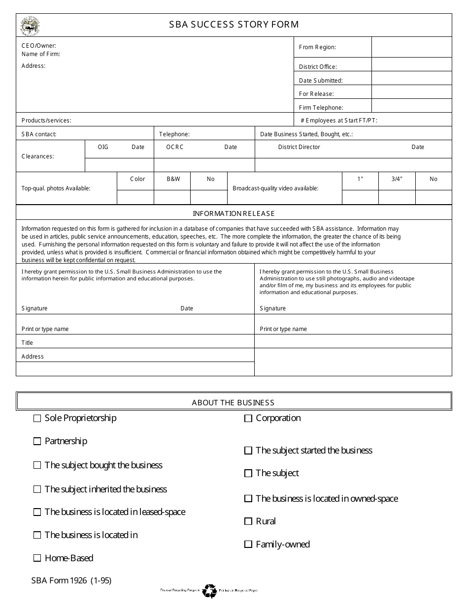 SBA Form 1926 SBA Success Story Form, Page 1