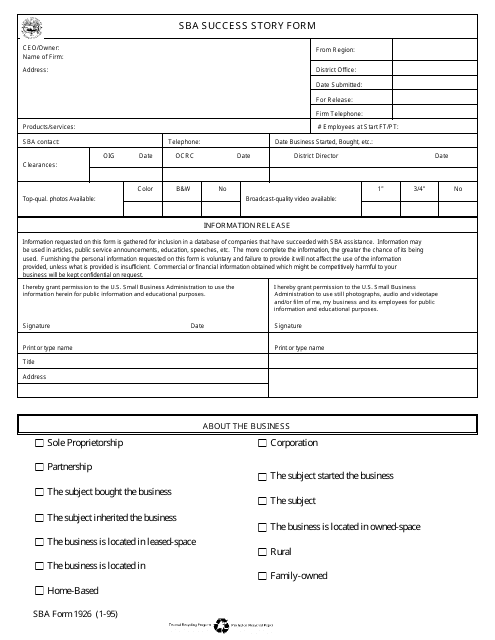 SBA Form 1926 SBA Success Story Form