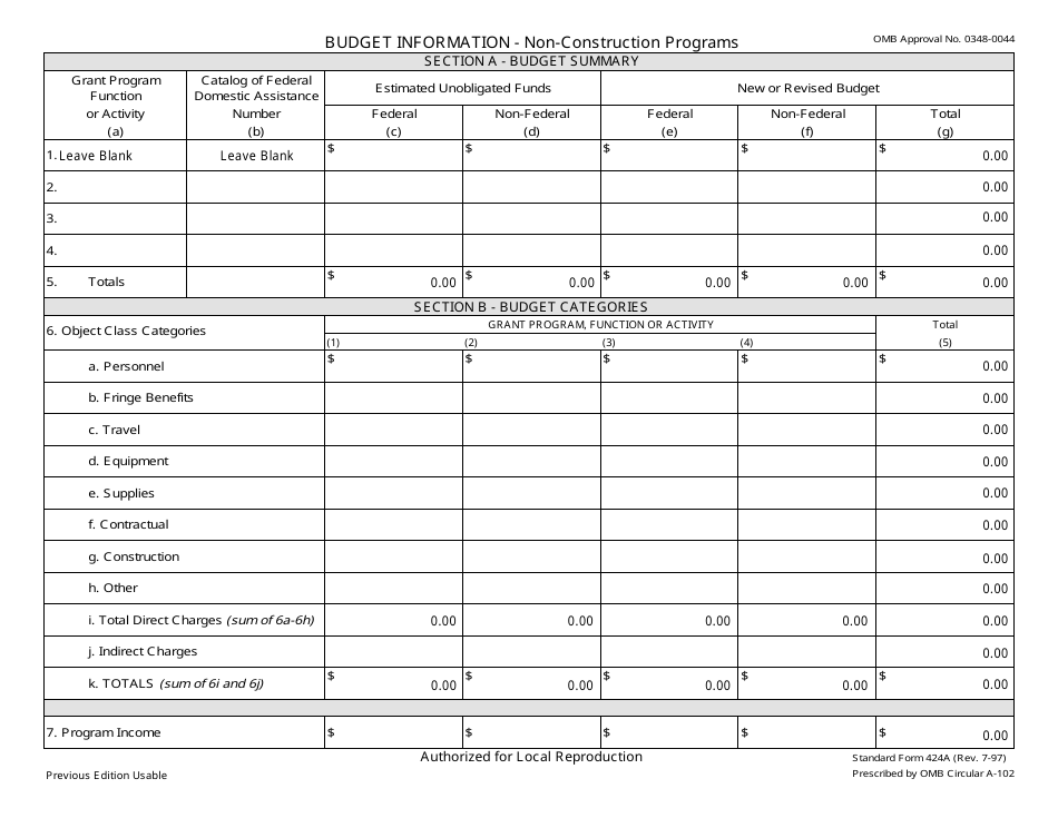 SBA Form 424A Budget Information - Non-construction Programs, Page 1