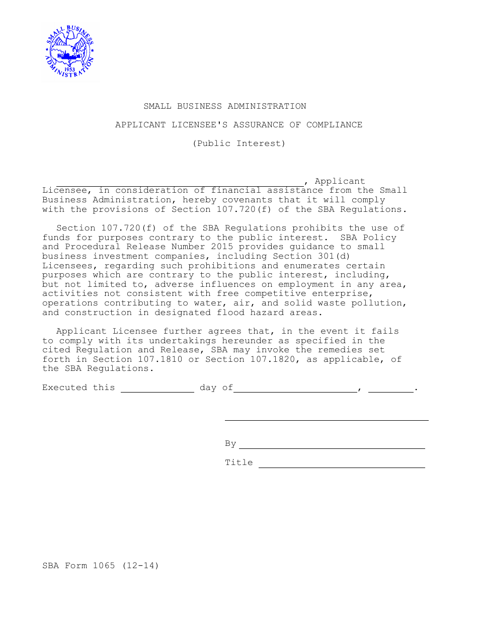 SBA Form 1065 Applicant Licensees Assurance of Compliance, Page 1