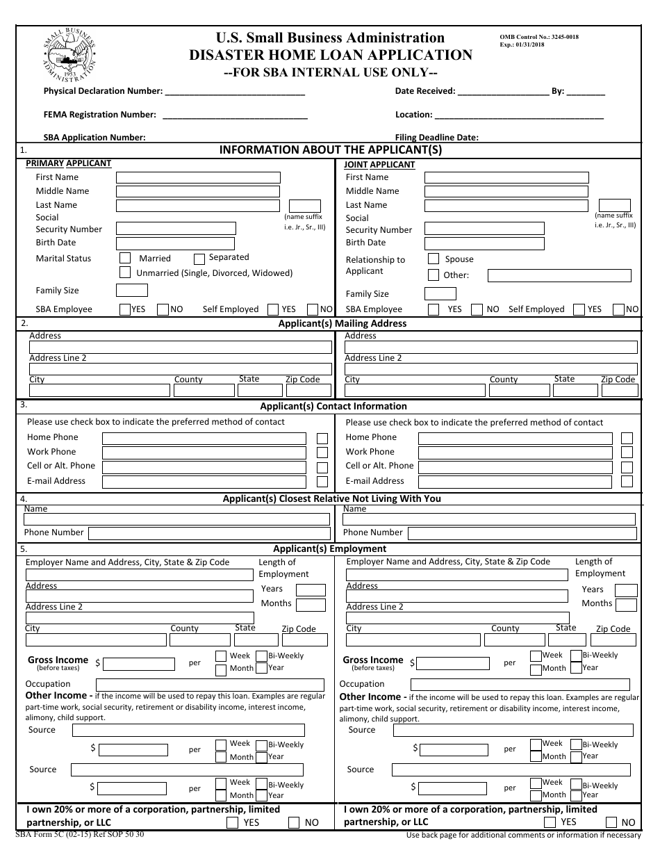 SBA Form 5C Disaster Home Loan Application, Page 1