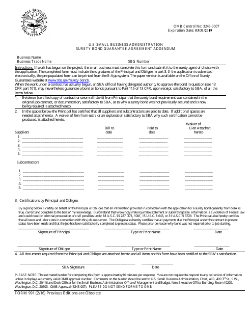 SBA Form 991  Printable Pdf