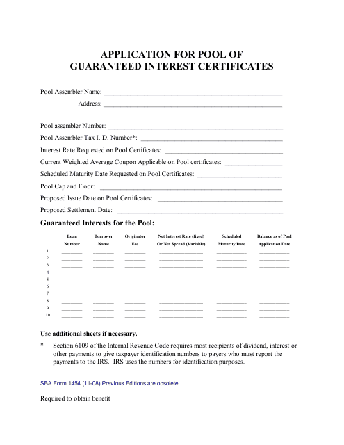 SBA Form 1454 Application for Pool of Guaranteed Interest Certificates