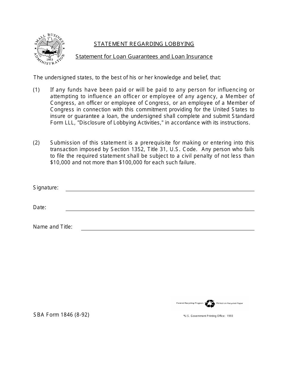 SBA Form 1846 Statement Regarding Lobbying - Statement for Loan Guarantees and Loan Insurance, Page 1
