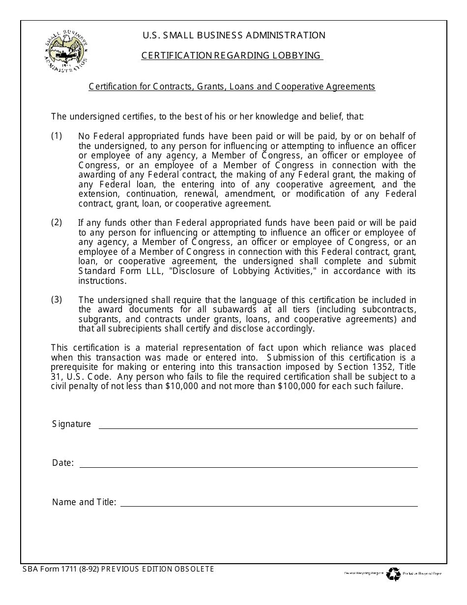 SBA Form 1711 Certification Regarding Lobbying, Page 1