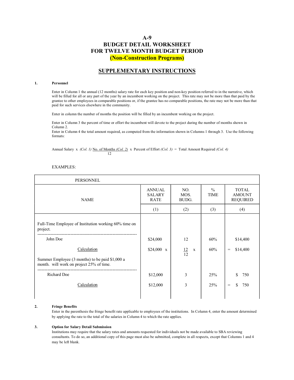 SBA Form A-9 Budget Detail Worksheet for Twelve Month Budget Period (Non-construction Programs), Page 1