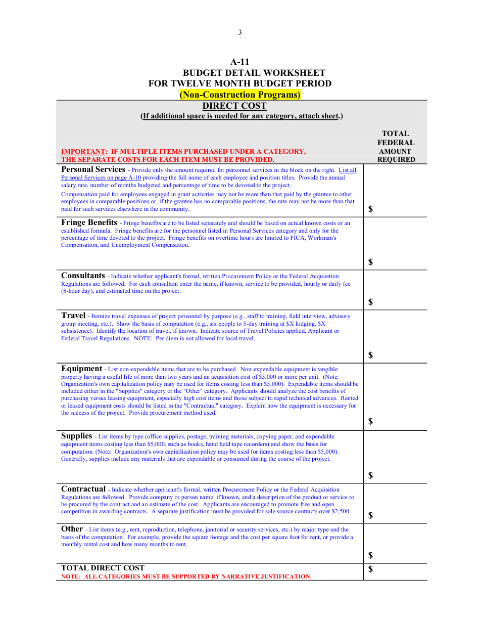 SBA Form A-9 Budget Detail Worksheet for Twelve Month Budget Period (Non-construction Programs), Page 3