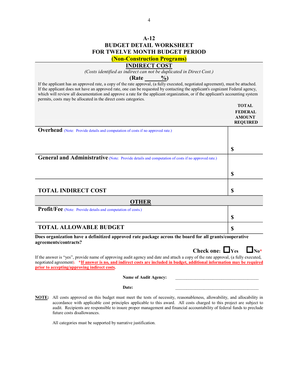 SBA Form A-9 Budget Detail Worksheet for Twelve Month Budget Period (Non-construction Programs), Page 4