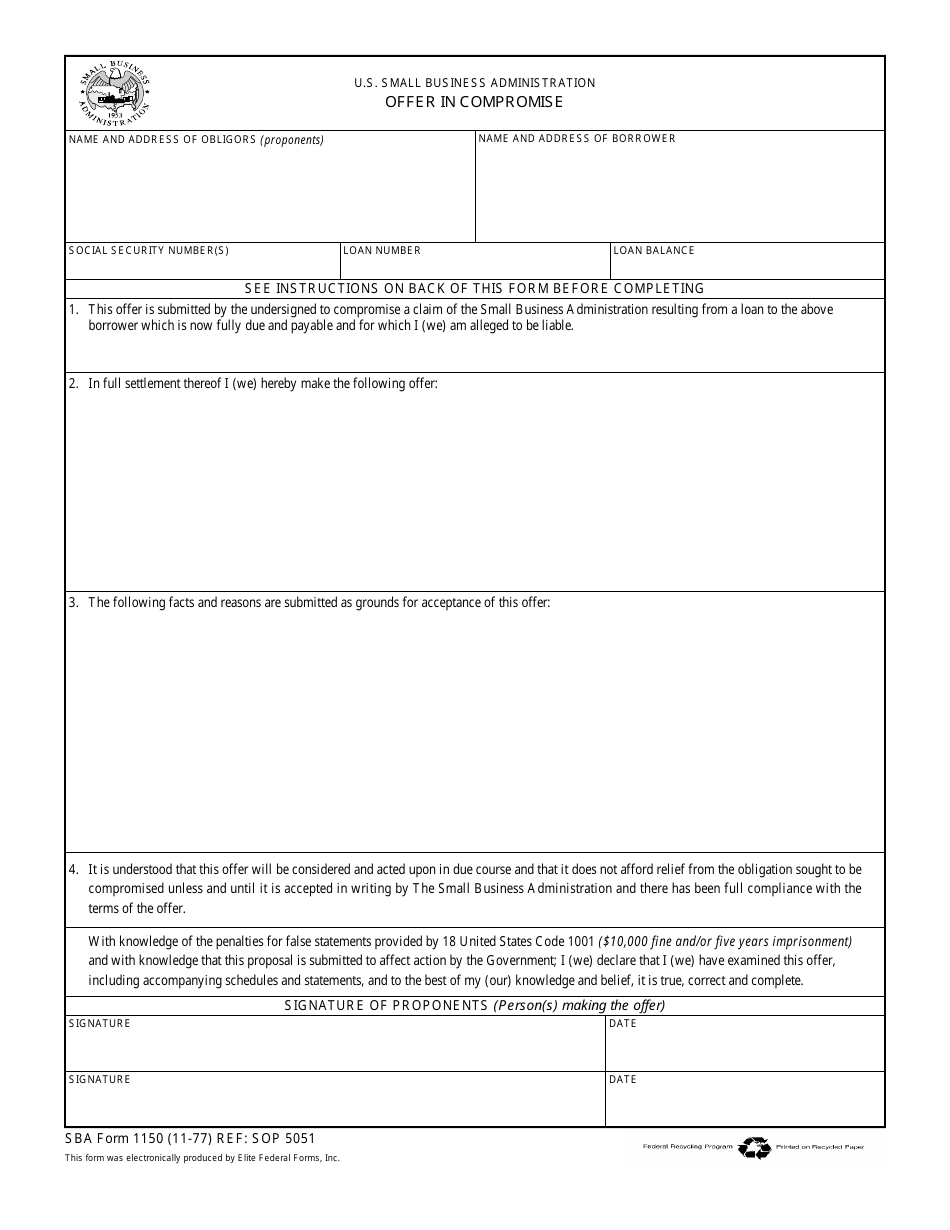SBA Form 1150 Offer in Compromise, Page 1