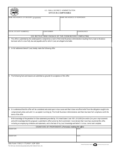 SBA Form 1150  Printable Pdf