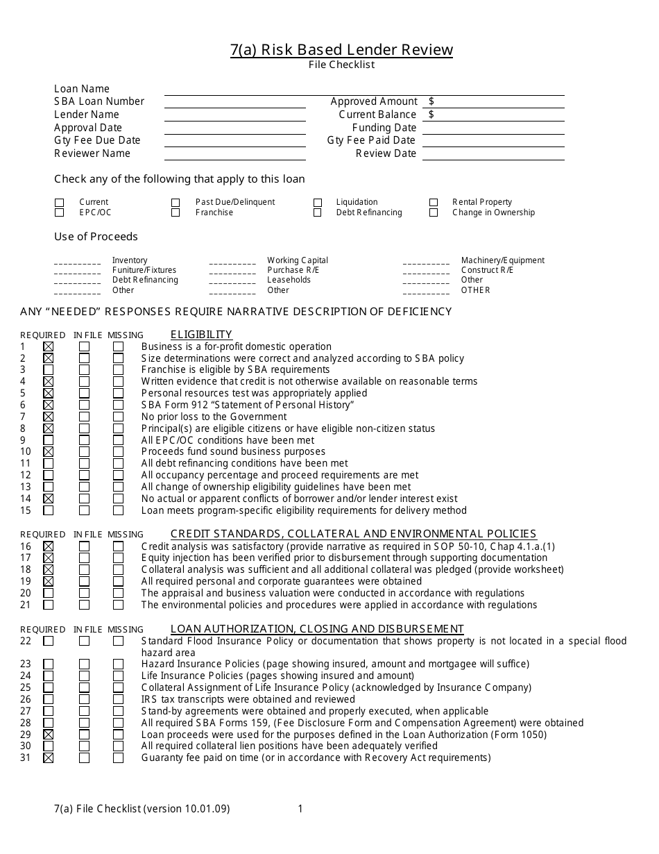 7(A) Risk Based Lender Review File Checklist - Fill Out, Sign Online ...