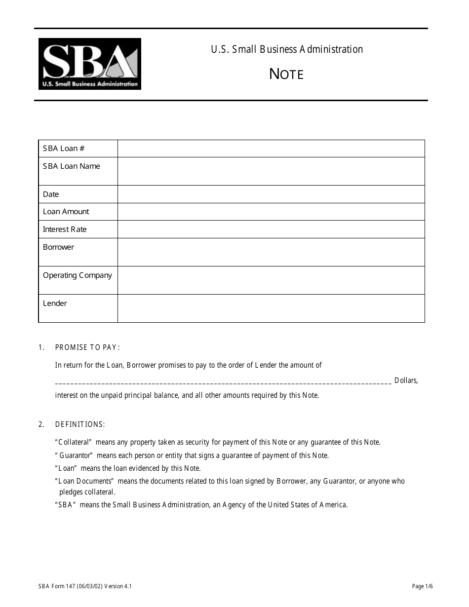 SBA Form 147 Note - 7(A) Loans, Page 1