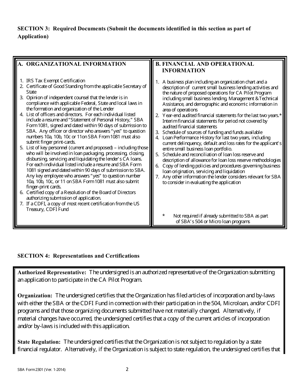 SBA Form 2301 Community Advantage Lender Participation Application, Page 2