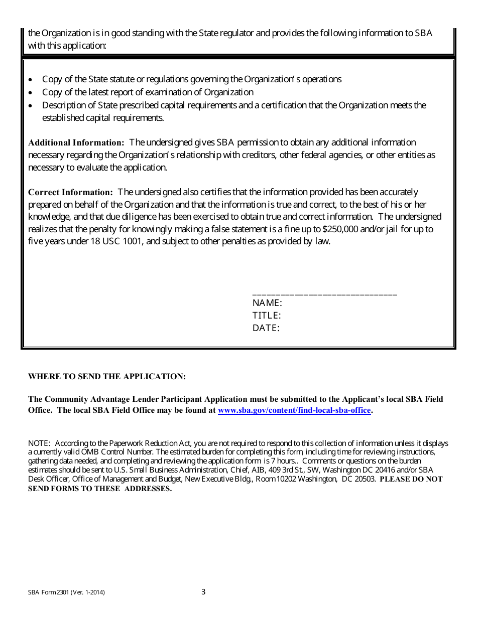SBA Form 2301 Community Advantage Lender Participation Application, Page 3